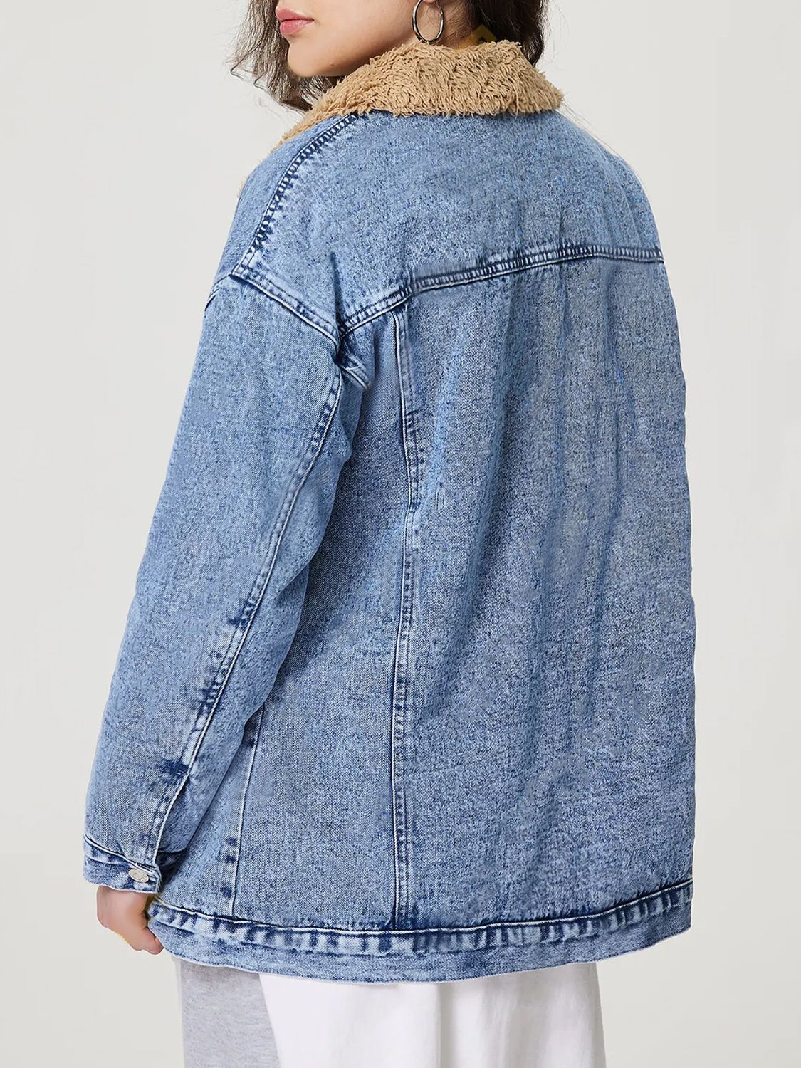 Button Up Collared Neck Plush Denim Jacket - Beautiful Woman