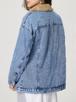 Button Up Collared Neck Plush Denim Jacket - Beautiful Woman