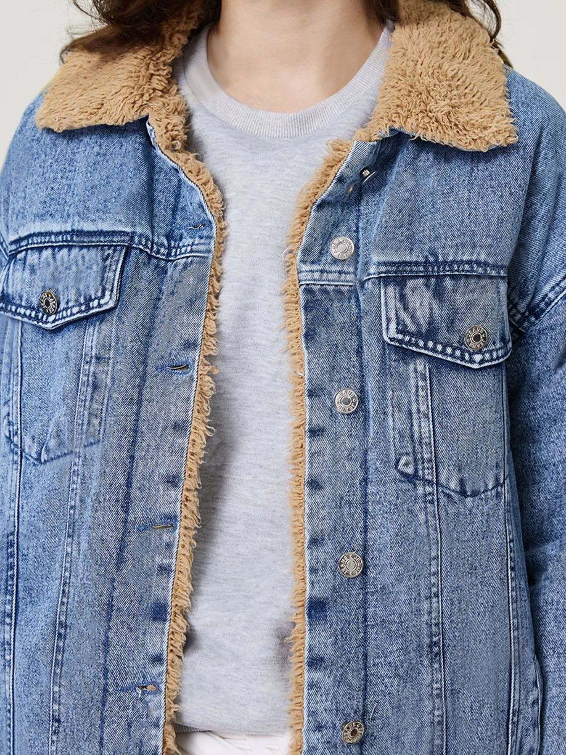 Button Up Collared Neck Plush Denim Jacket - Beautiful Woman