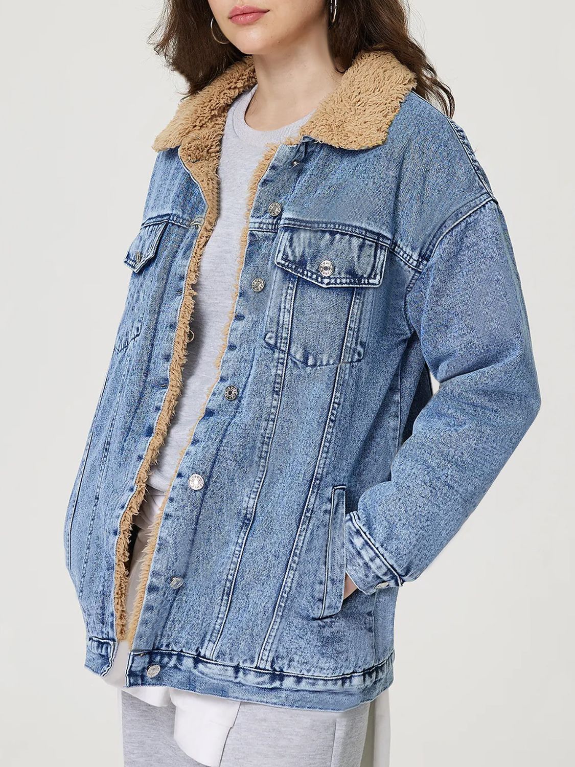 Button Up Collared Neck Plush Denim Jacket - Beautiful Woman