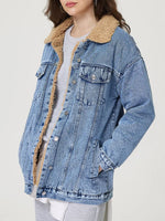 Button Up Collared Neck Plush Denim Jacket - Beautiful Woman