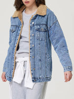 Button Up Collared Neck Plush Denim Jacket - Beautiful Woman
