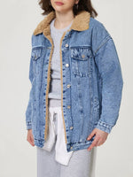 Button Up Collared Neck Plush Denim Jacket - Beautiful Woman