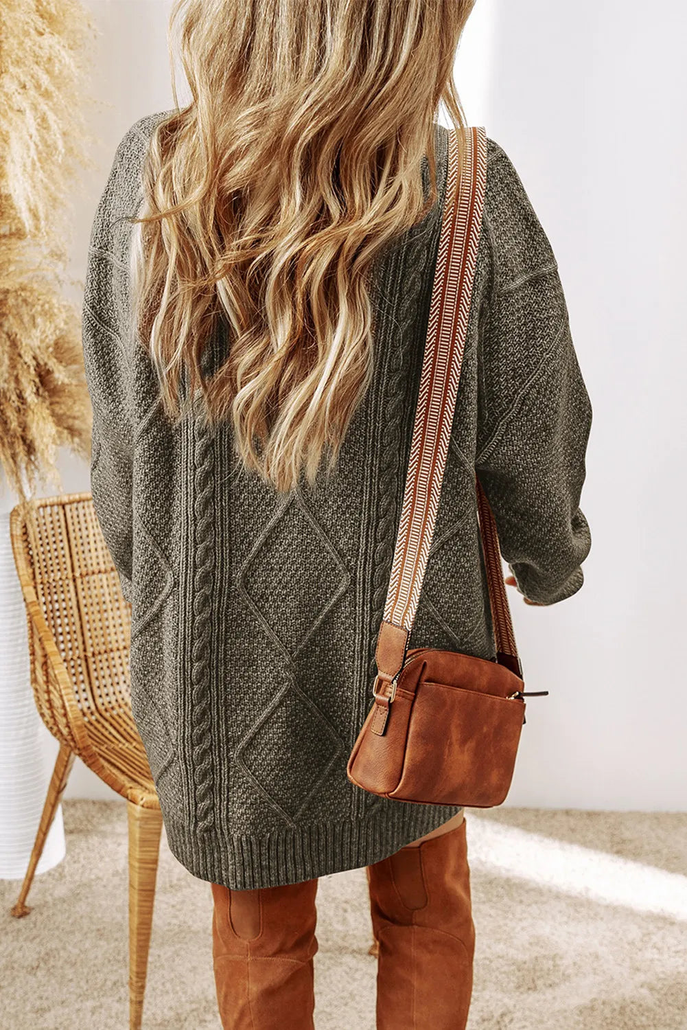 Cable-Knit Round Neck Sweater Dress - Beautiful Woman