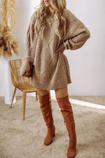 Cable-Knit Round Neck Sweater Dress - Beautiful Woman