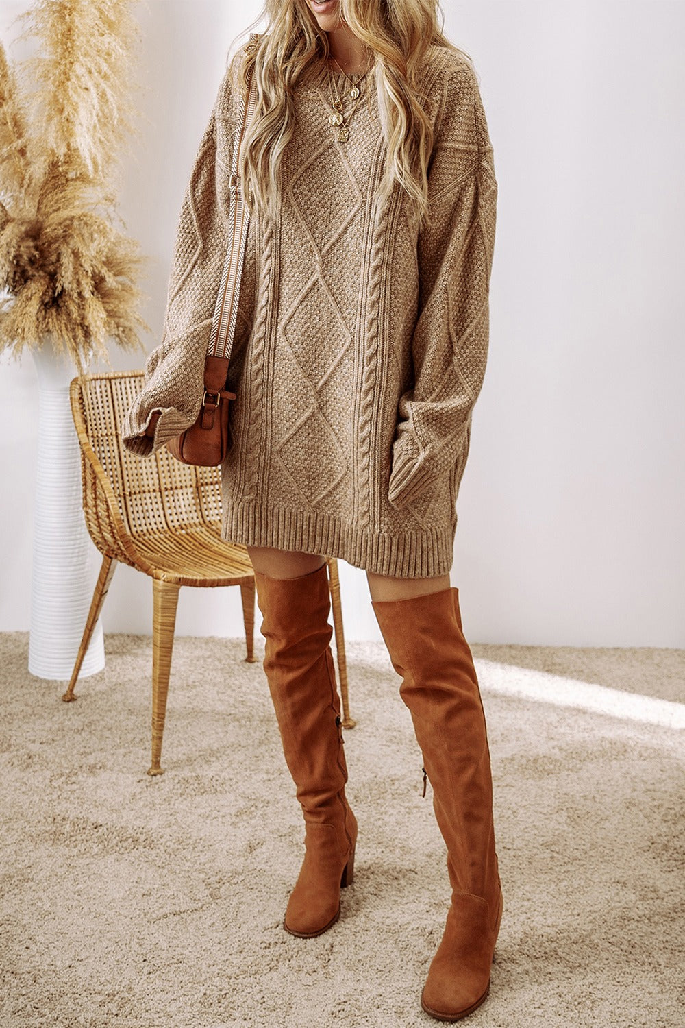 Cable-Knit Round Neck Sweater Dress - Beautiful Woman