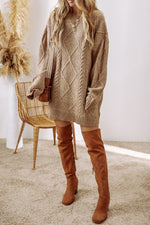 Cable-Knit Round Neck Sweater Dress - Beautiful Woman