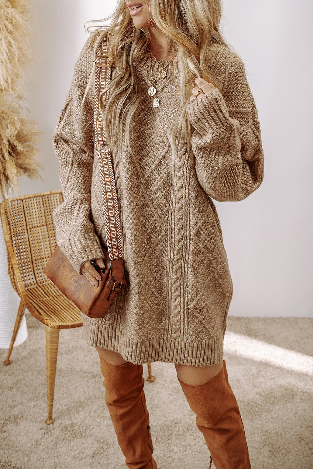 Cable-Knit Round Neck Sweater Dress - Beautiful Woman