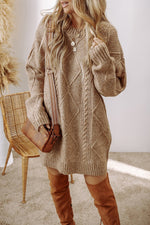 Cable-Knit Round Neck Sweater Dress - Beautiful Woman