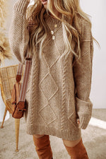 Cable-Knit Round Neck Sweater Dress - Beautiful Woman