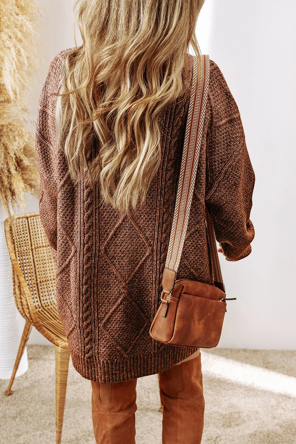 Cable-Knit Round Neck Sweater Dress - Beautiful Woman