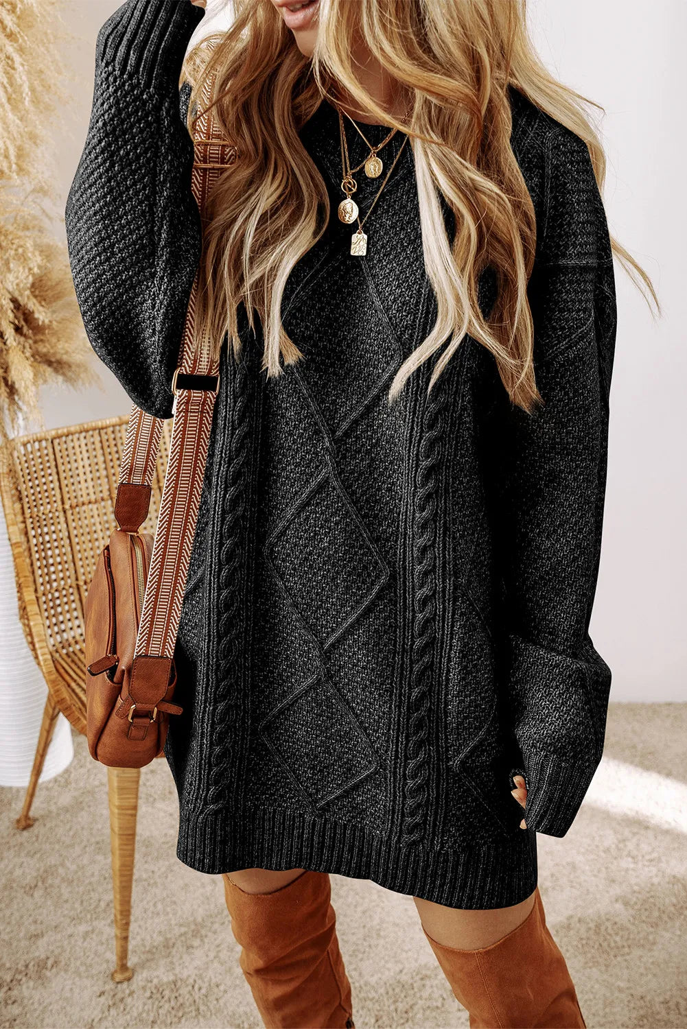Cable-Knit Round Neck Sweater Dress - Beautiful Woman