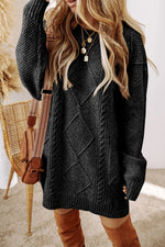 Cable-Knit Round Neck Sweater Dress - Beautiful Woman