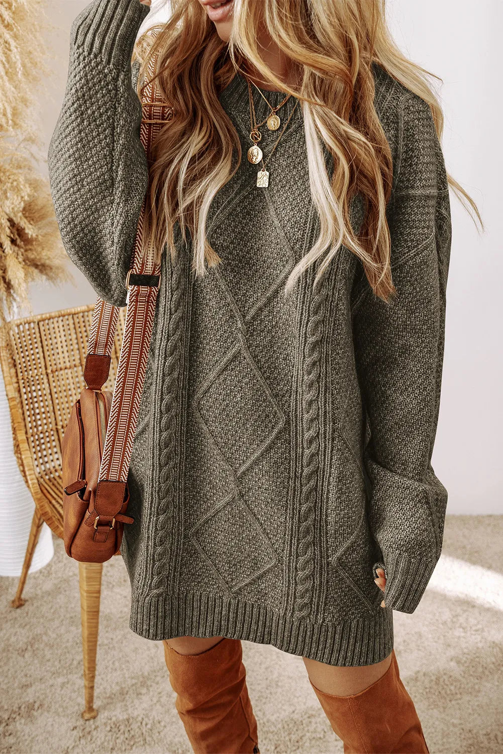 Cable-Knit Round Neck Sweater Dress - Beautiful Woman