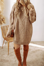 Cable-Knit Round Neck Sweater Dress - Beautiful Woman