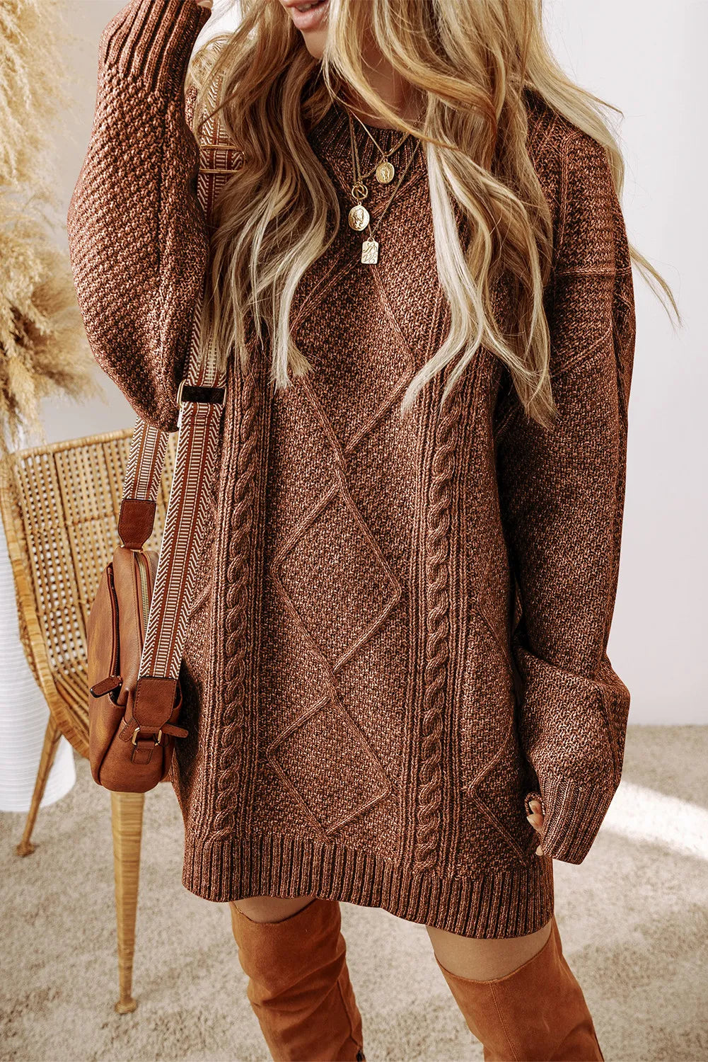 Cable-Knit Round Neck Sweater Dress - Beautiful Woman