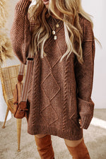 Cable-Knit Round Neck Sweater Dress - Beautiful Woman