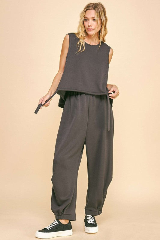 Davi & Dani Drawstring Hem Round Neck Tank and Pants Set - Beautiful Woman