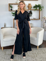 Double Take Full Size V-Neck Tied Side Slit Jumpsuit - Beautiful Woman