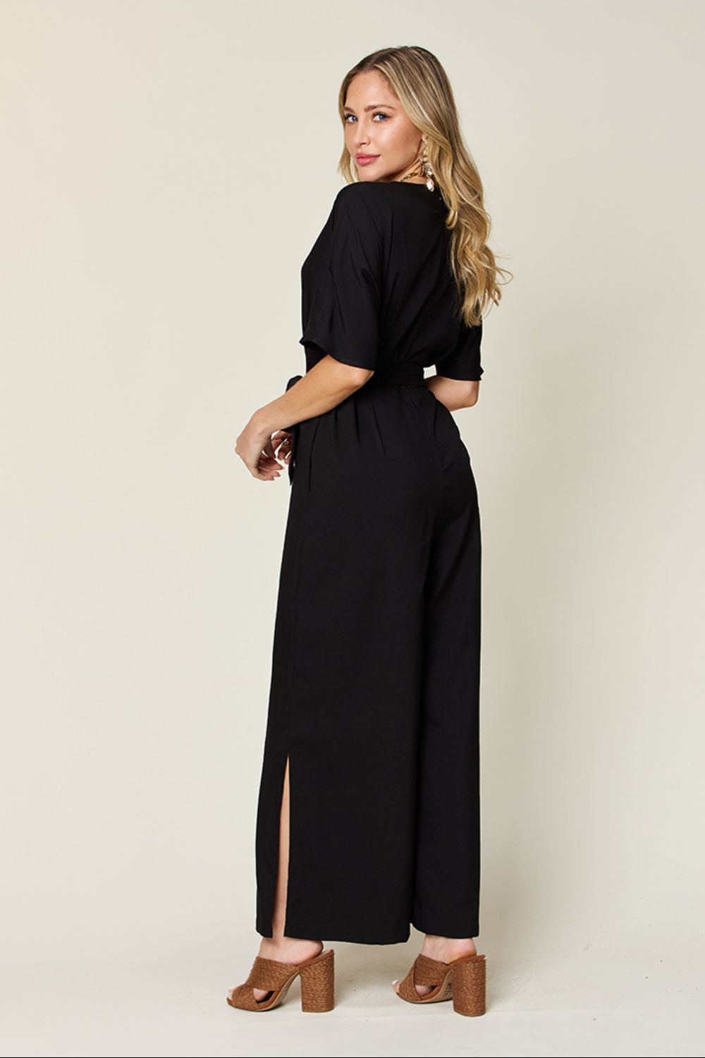 Double Take Full Size V-Neck Tied Side Slit Jumpsuit - Beautiful Woman