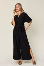 Double Take Full Size V-Neck Tied Side Slit Jumpsuit - Beautiful Woman