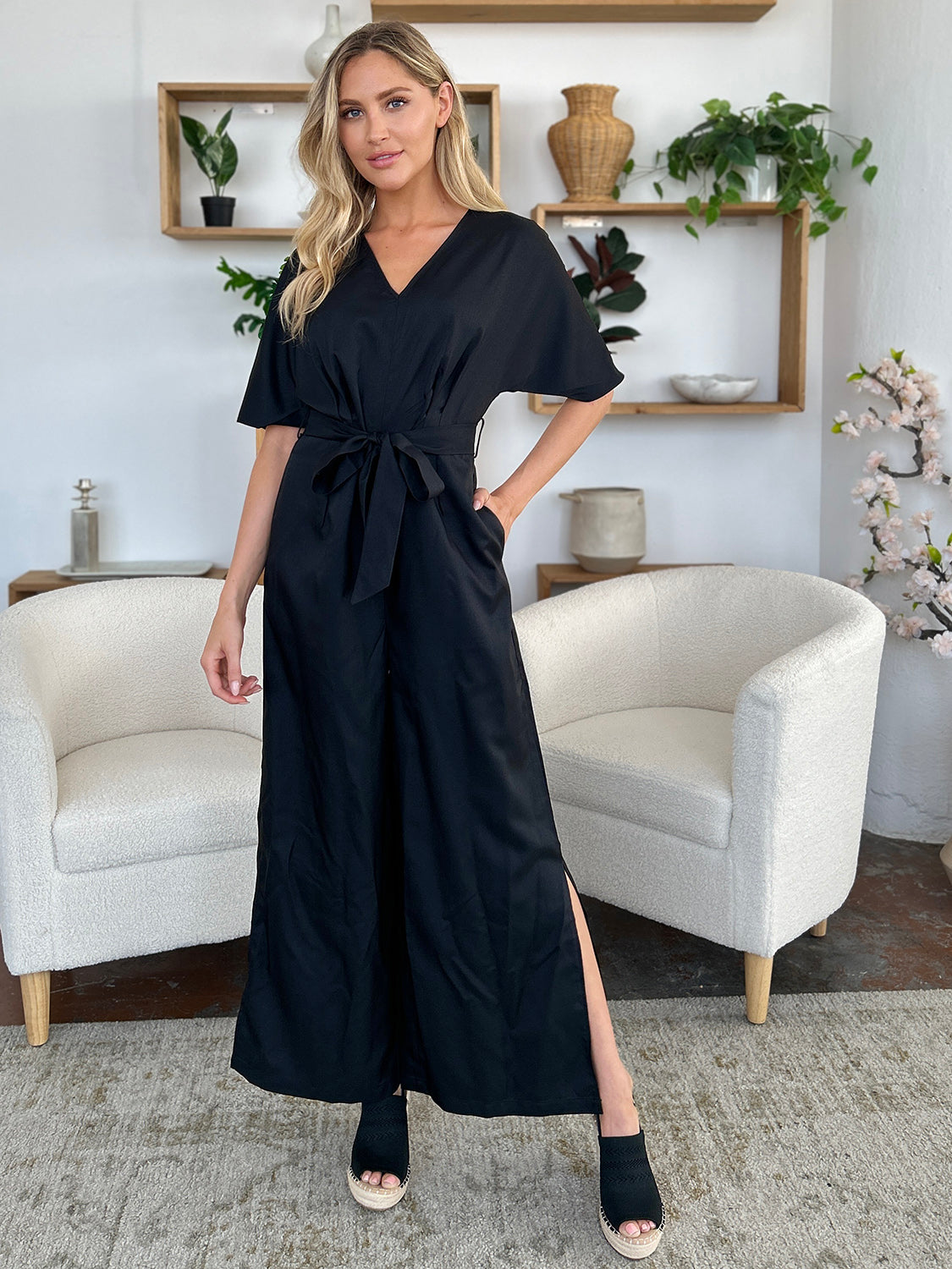 Double Take Full Size V-Neck Tied Side Slit Jumpsuit - Beautiful Woman