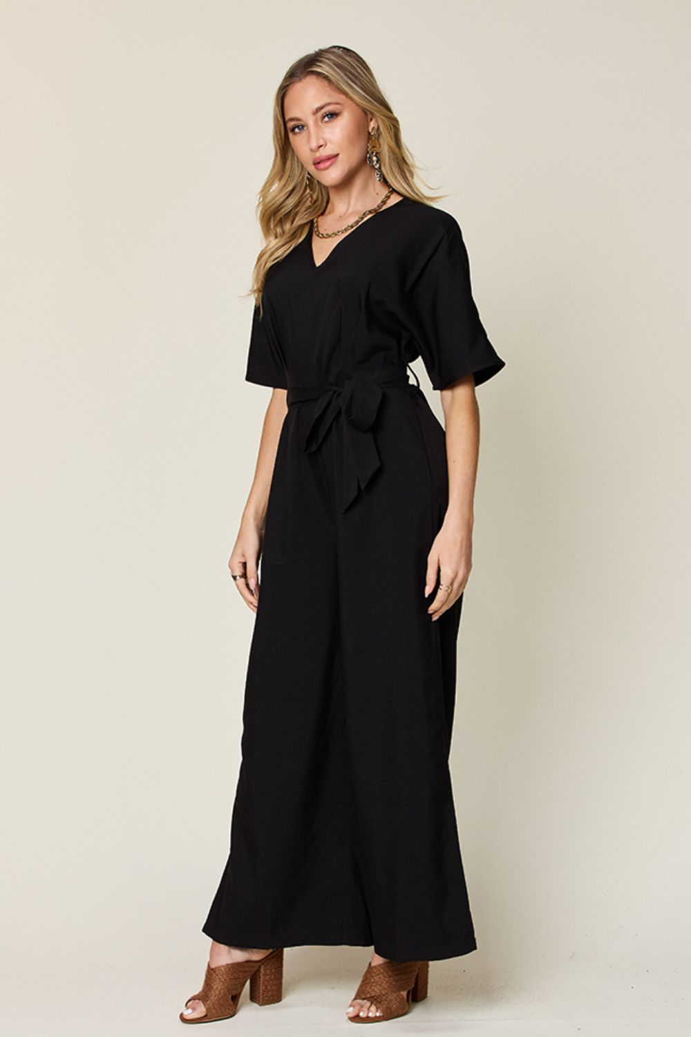 Double Take Full Size V-Neck Tied Side Slit Jumpsuit - Beautiful Woman