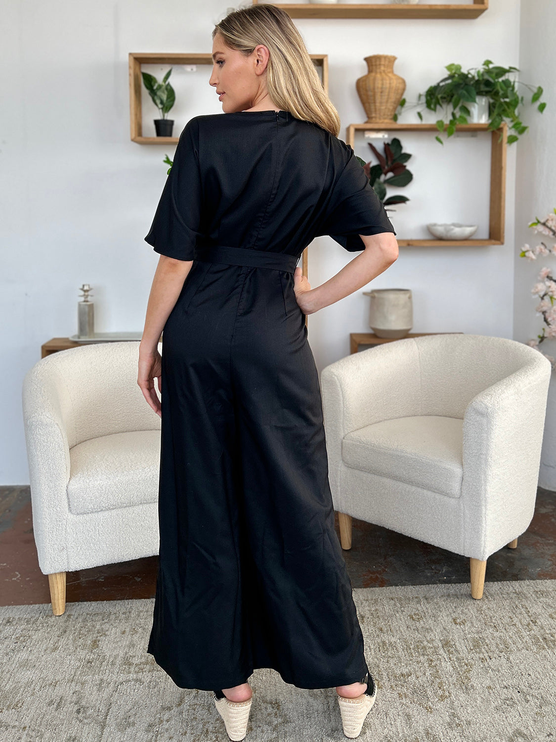 Double Take Full Size V-Neck Tied Side Slit Jumpsuit - Beautiful Woman