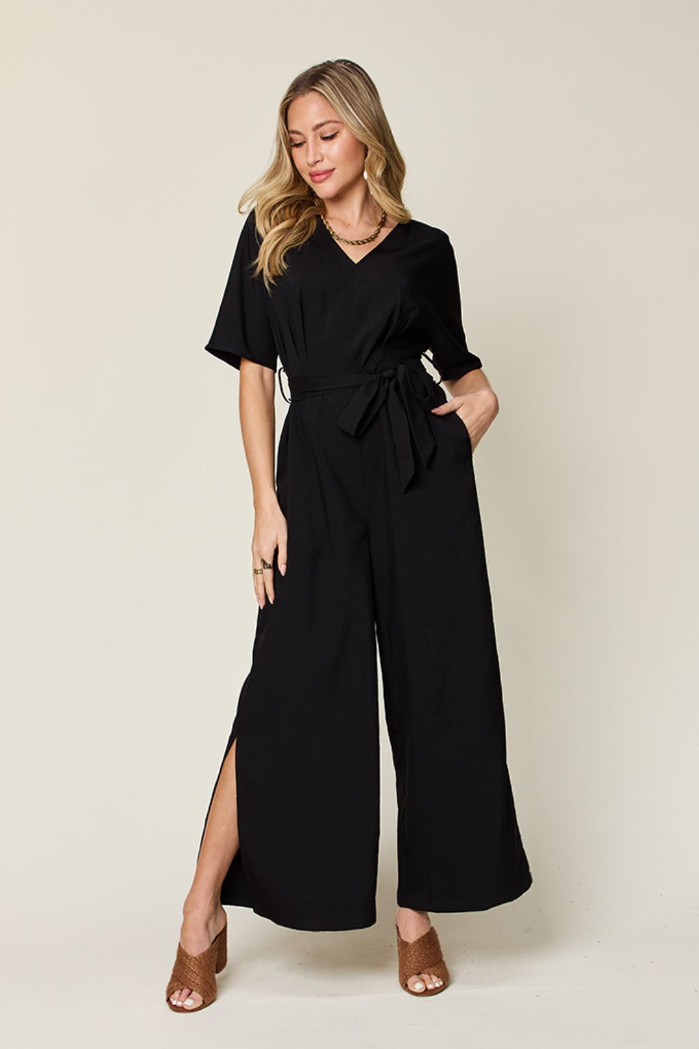 Double Take Full Size V-Neck Tied Side Slit Jumpsuit - Beautiful Woman