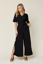 Double Take Full Size V-Neck Tied Side Slit Jumpsuit - Beautiful Woman