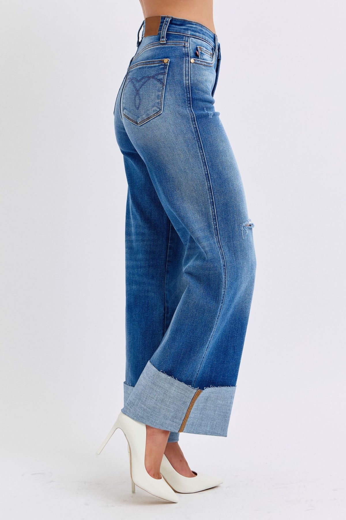 Judy Blue Full Size Distressed High Waist Wide Leg Jeans - Beautiful Woman