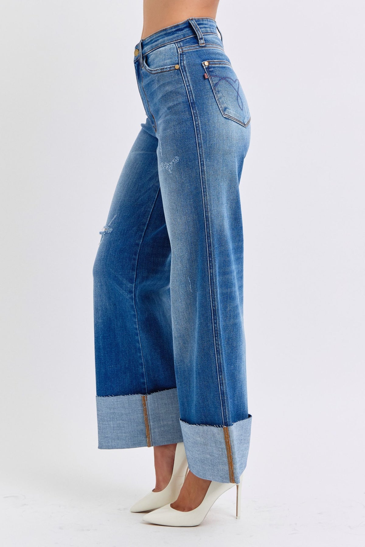 Judy Blue Full Size Distressed High Waist Wide Leg Jeans - Beautiful Woman