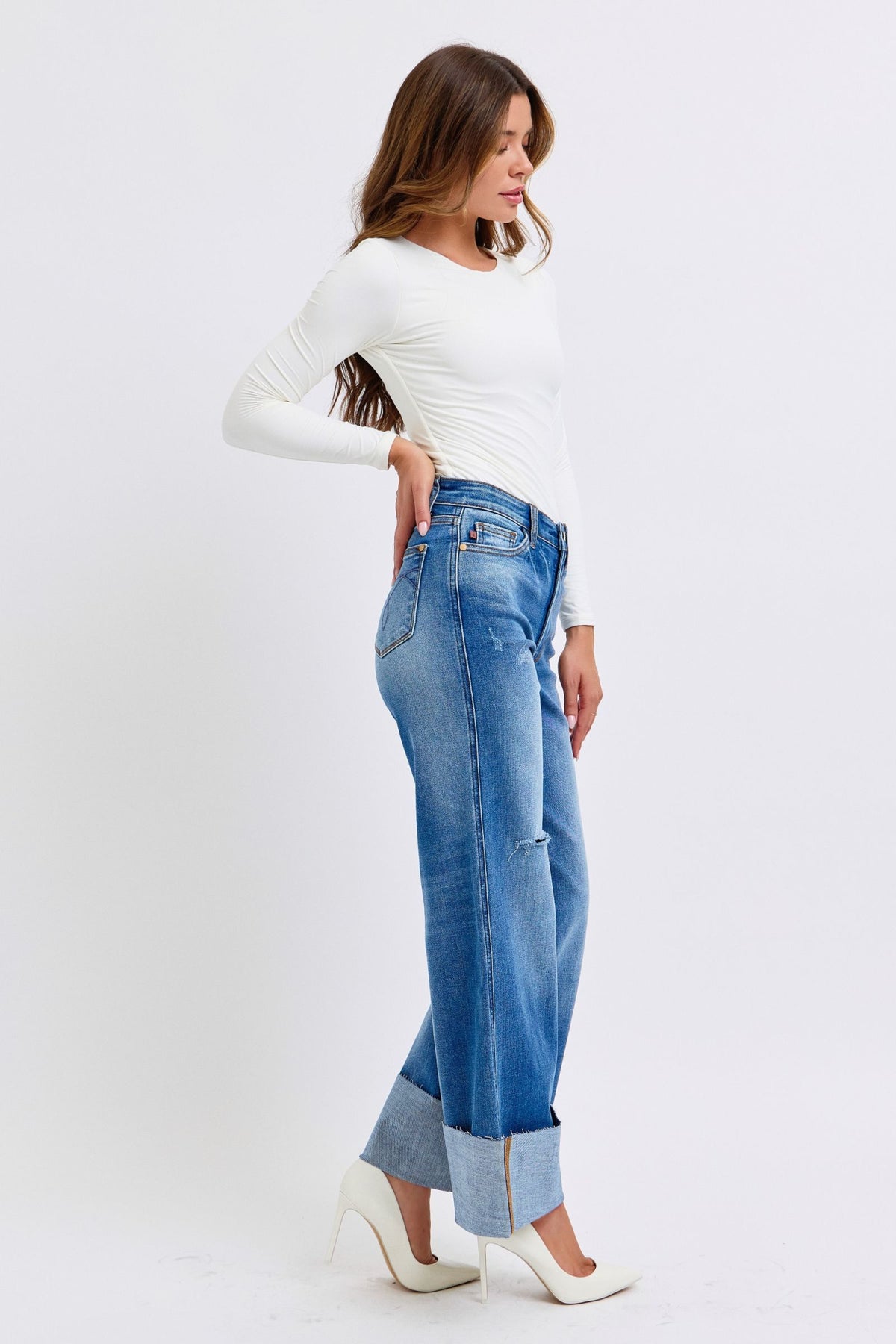 Judy Blue Full Size Distressed High Waist Wide Leg Jeans - Beautiful Woman