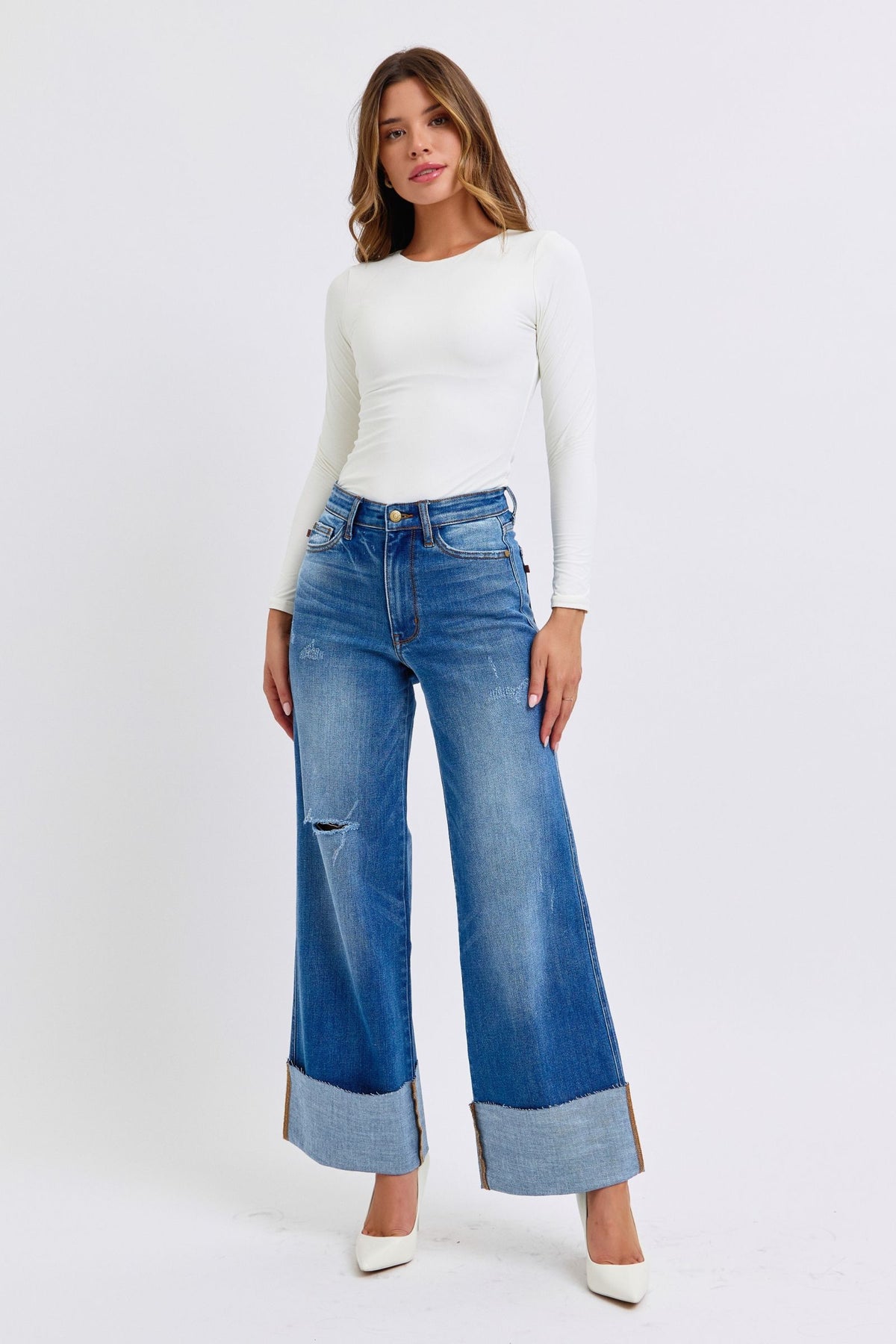 Judy Blue Full Size Distressed High Waist Wide Leg Jeans - Beautiful Woman