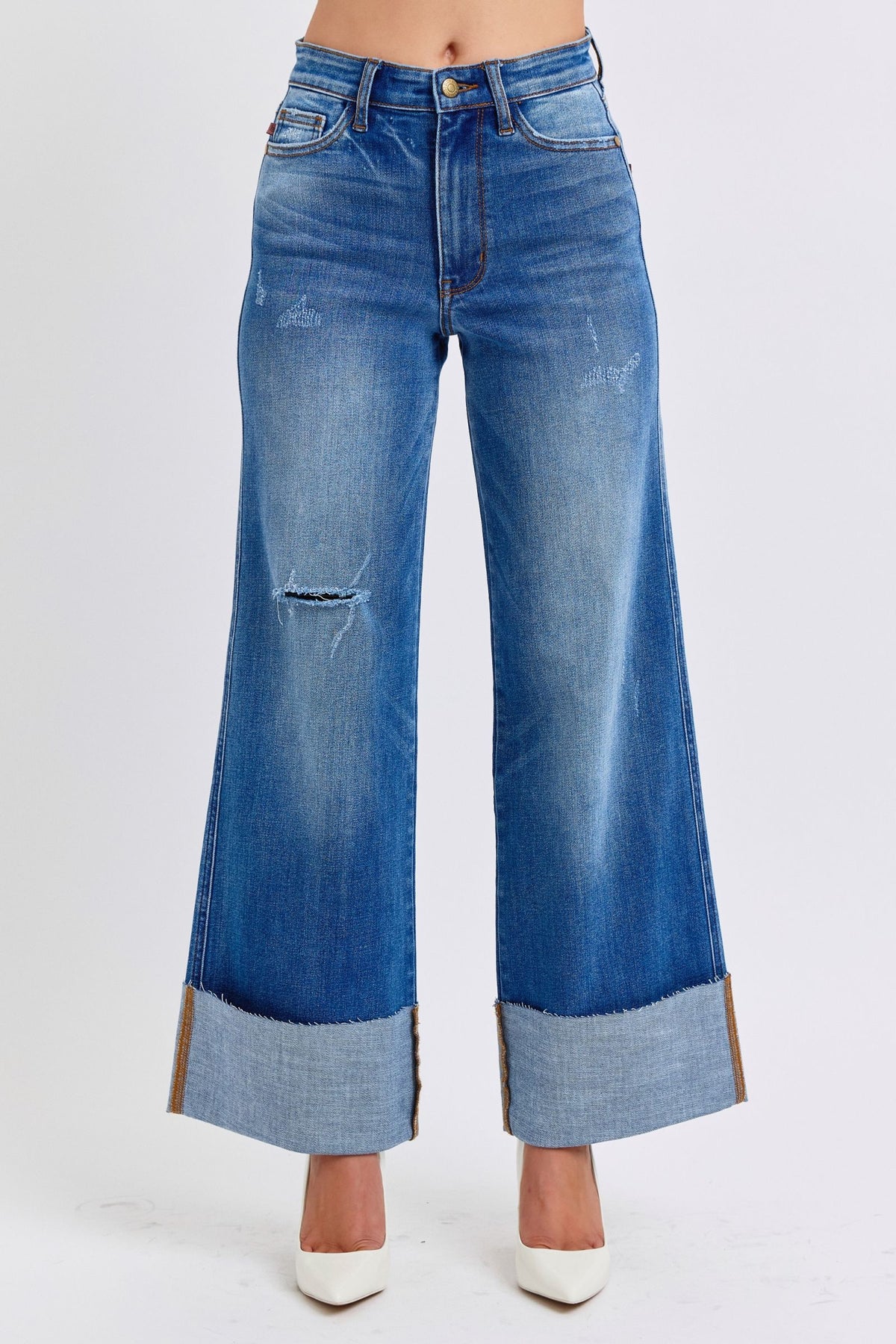 Judy Blue Full Size Distressed High Waist Wide Leg Jeans - Beautiful Woman