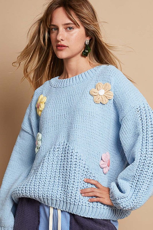 POL Crochet Flower Round Neck Dropped Shoulder Sweater - Beautiful Woman