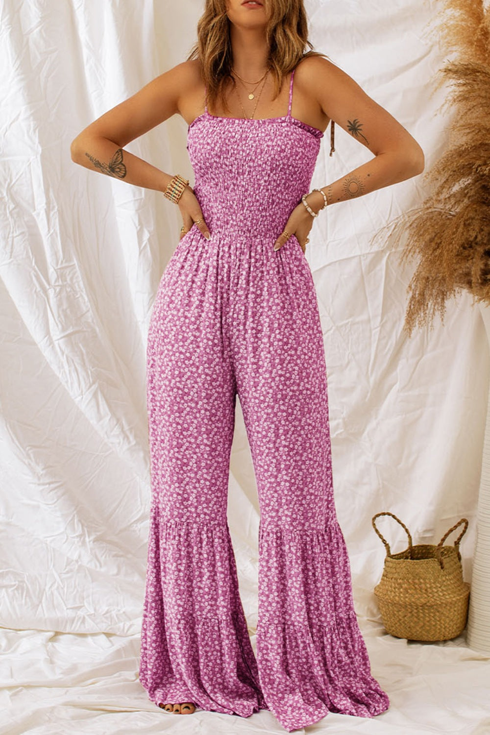 Smocked Printed Wide Strap Jumpsuit - Beautiful Woman