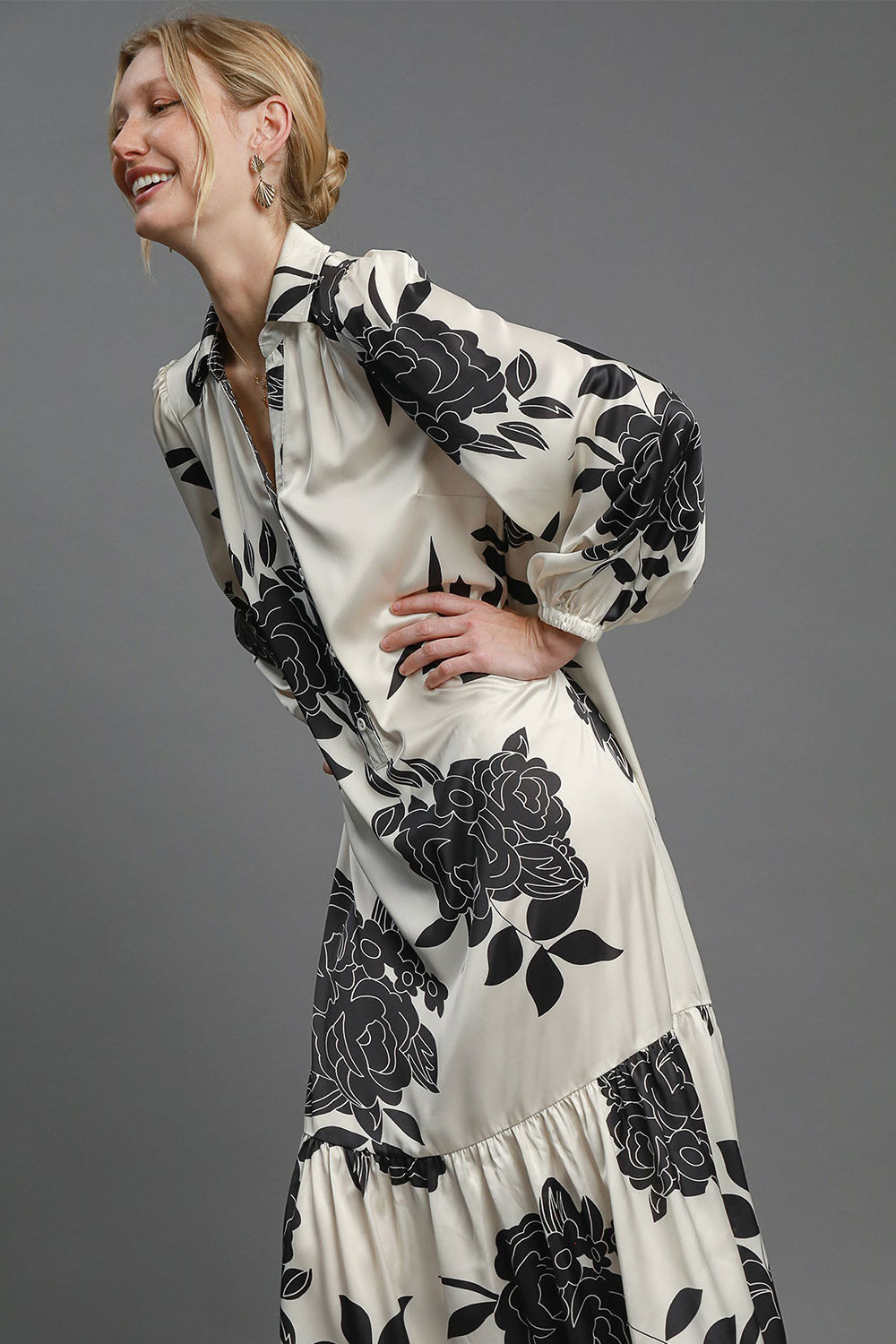 Umgee Ruffle Hem Flower Print Johnny Collar Dress - Beautiful Woman