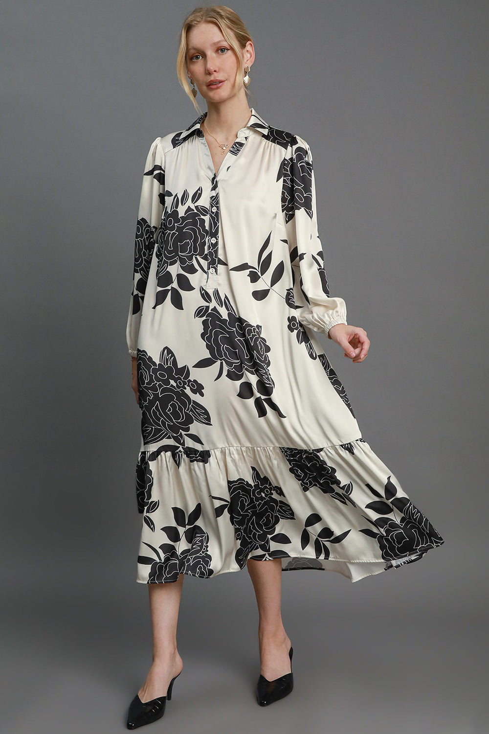 Umgee Ruffle Hem Flower Print Johnny Collar Dress - Beautiful Woman