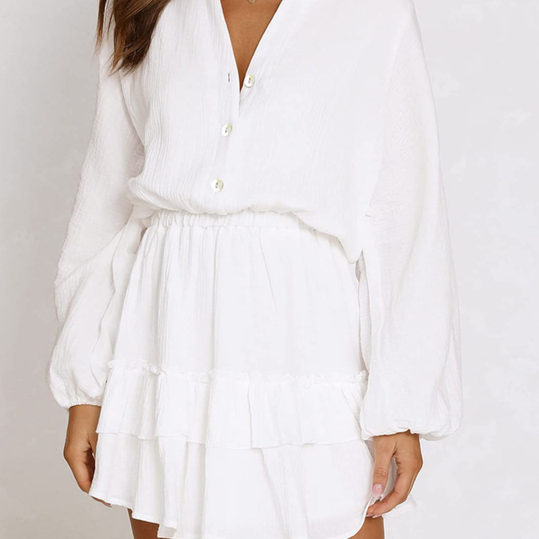 Ruffled Notched Balloon Sleeve Mini Dress