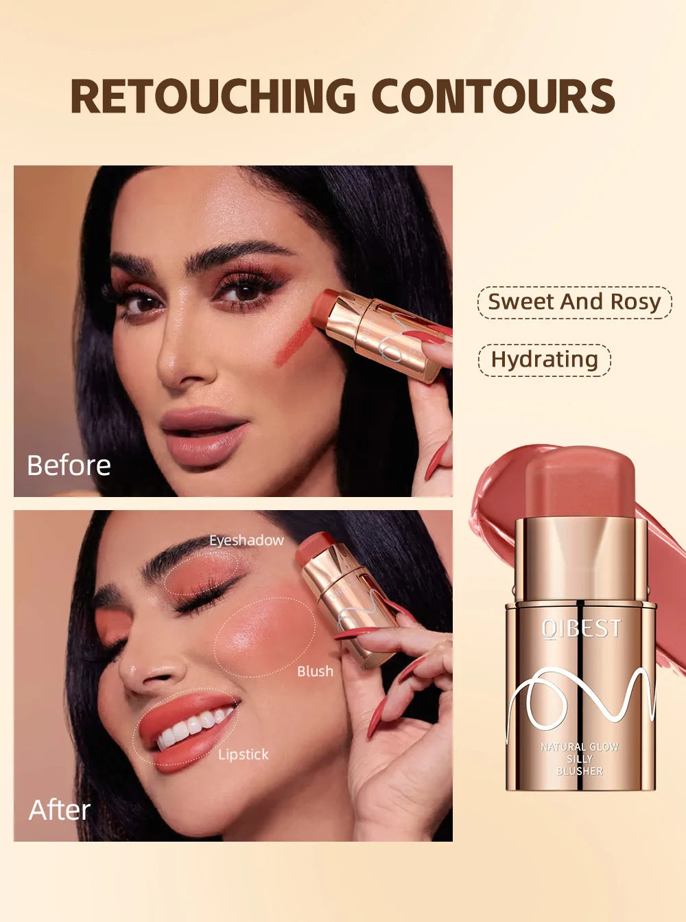 6 Colors Cream Blush Stick Waterproof Long Lasting Cheek Lip Eye Makeup Blendable Natural Flush For Women Daily Use