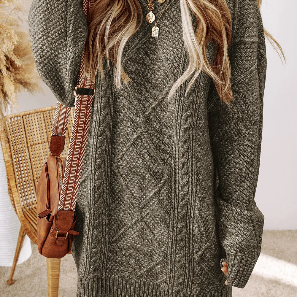 Cable-Knit Round Neck Sweater Dress - Beautiful Woman