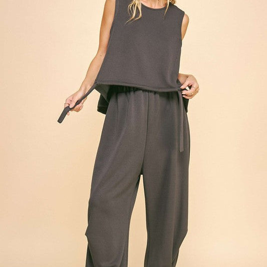 Davi & Dani Drawstring Hem Round Neck Tank and Pants Set - Beautiful Woman