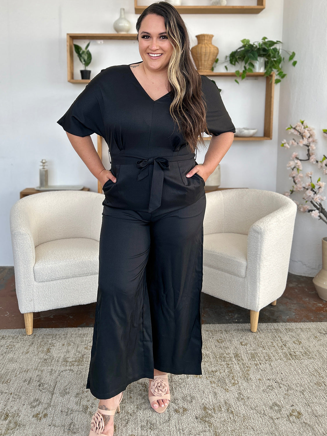 Double Take Full Size V-Neck Tied Side Slit Jumpsuit - Beautiful Woman