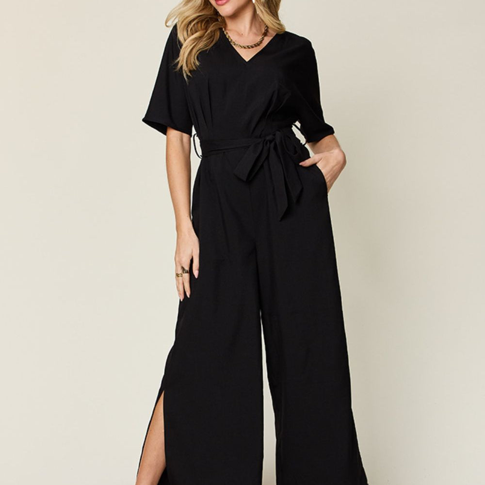 Double Take Full Size V-Neck Tied Side Slit Jumpsuit - Beautiful Woman
