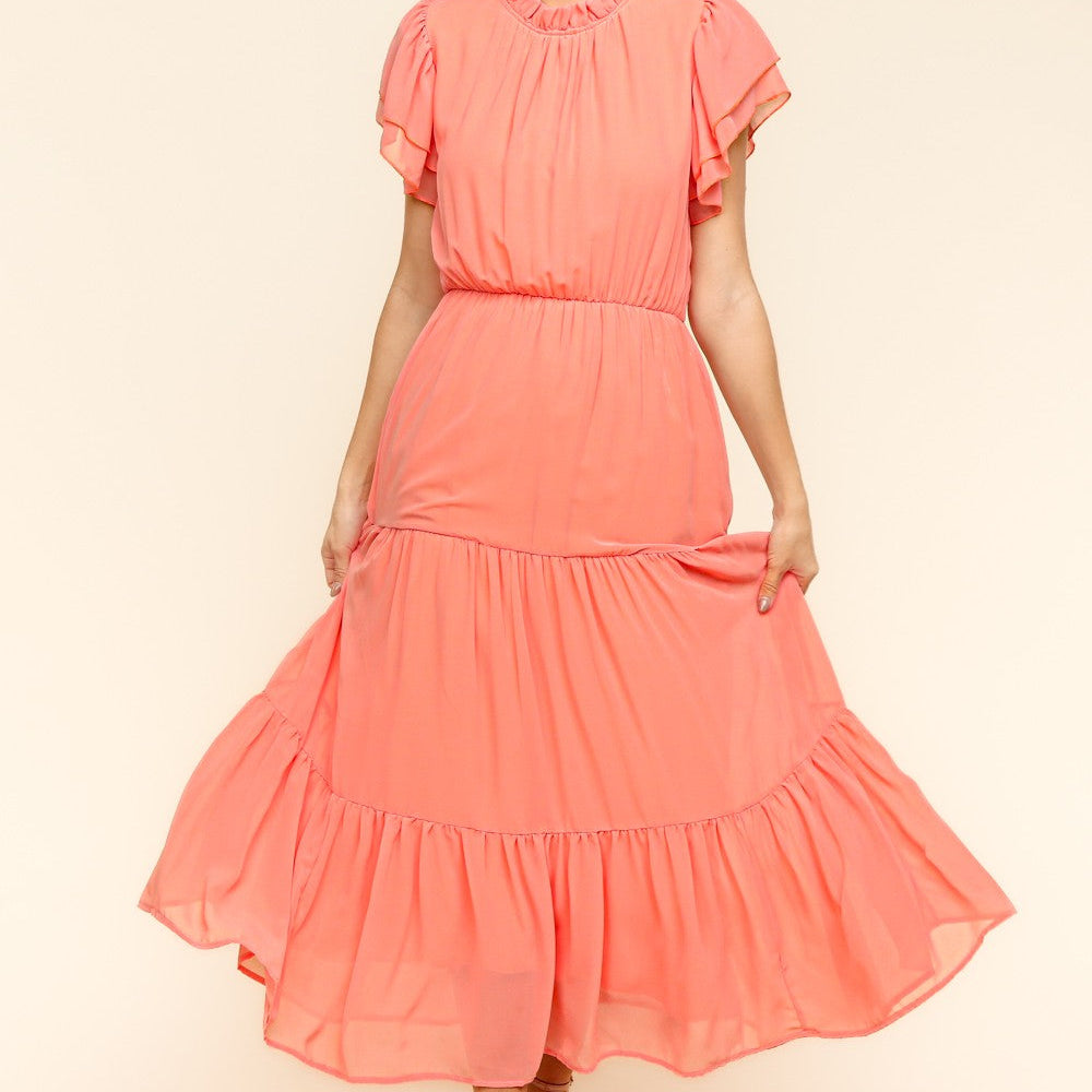 Haptics Full Size Tiered Frill Mock Neck Short Sleeve Dress - Beautiful Woman