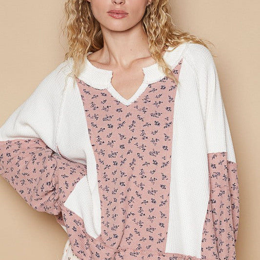 POL Waffle Knit Floral Notched Long Sleeve Top - Beautiful Woman