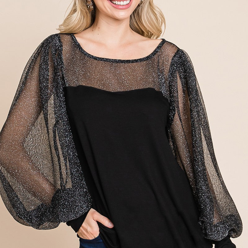 Super Lady Full Size Metallic Mesh Lantern Sleeve Blouse - Beautiful Woman