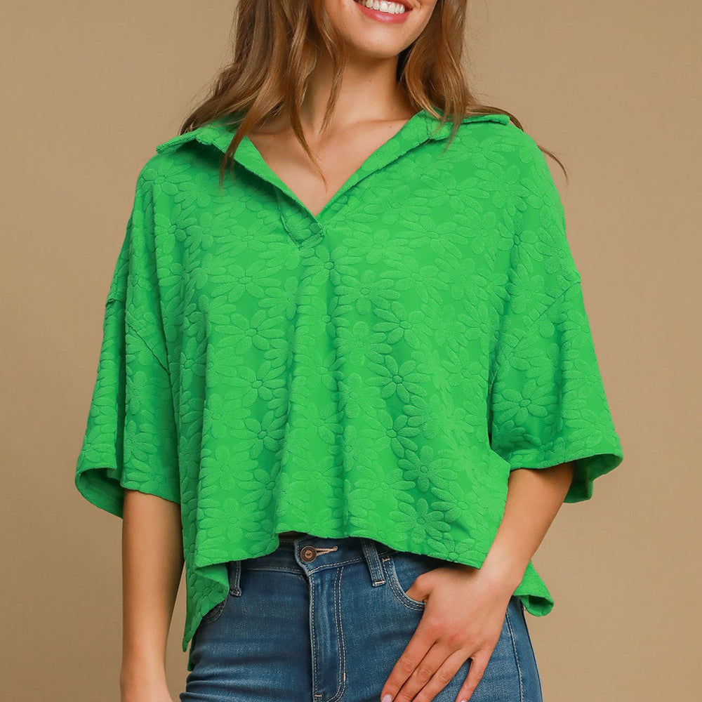 Umgee Floral Johnny Collar Half Sleeve Jacquard Top - Beautiful Woman