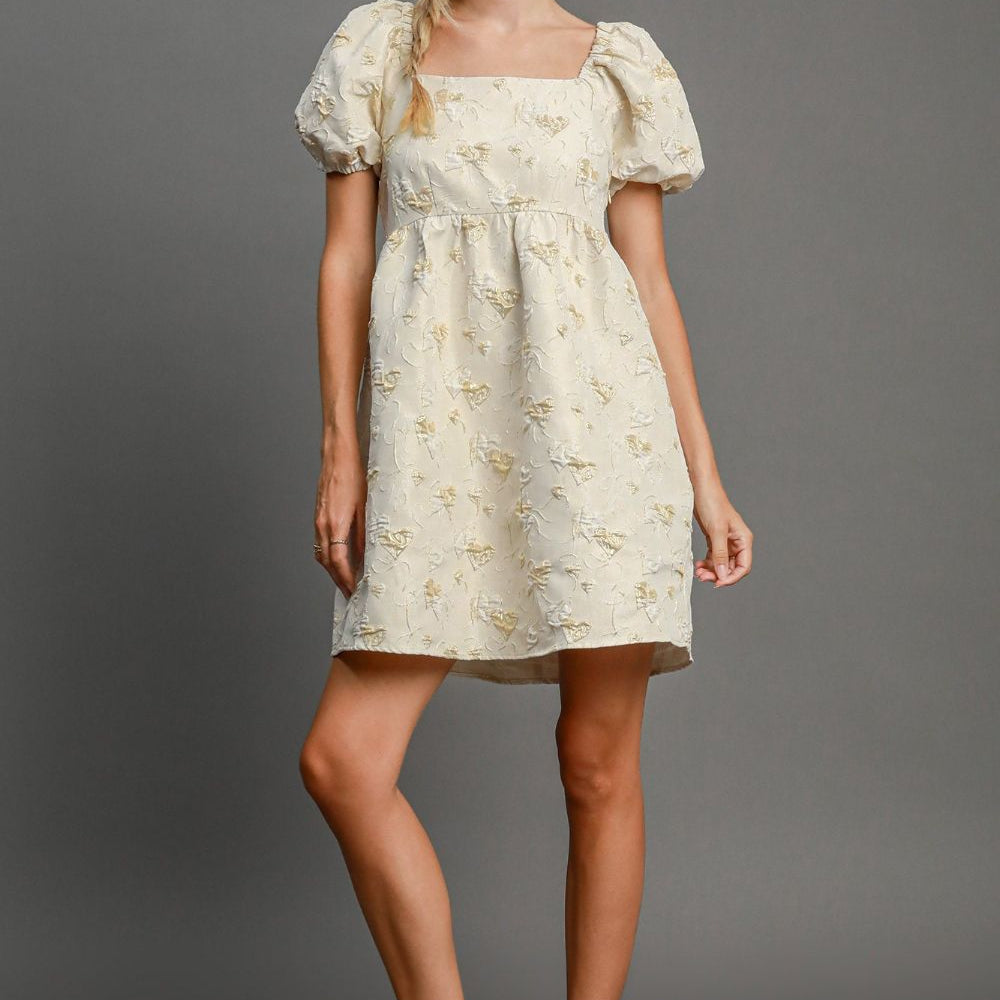 Umgee Heart Jacquard Square Neck Puff Sleeve Mini Dress - Beautiful Woman